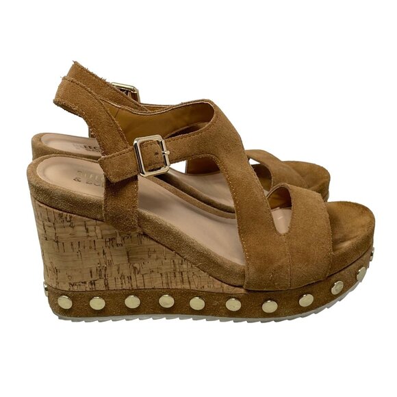 Bleecker & Bond Rosa Platform Wedge Sandal Size 6 Open Toe Buckle Strap Studded - Picture 2 of 11